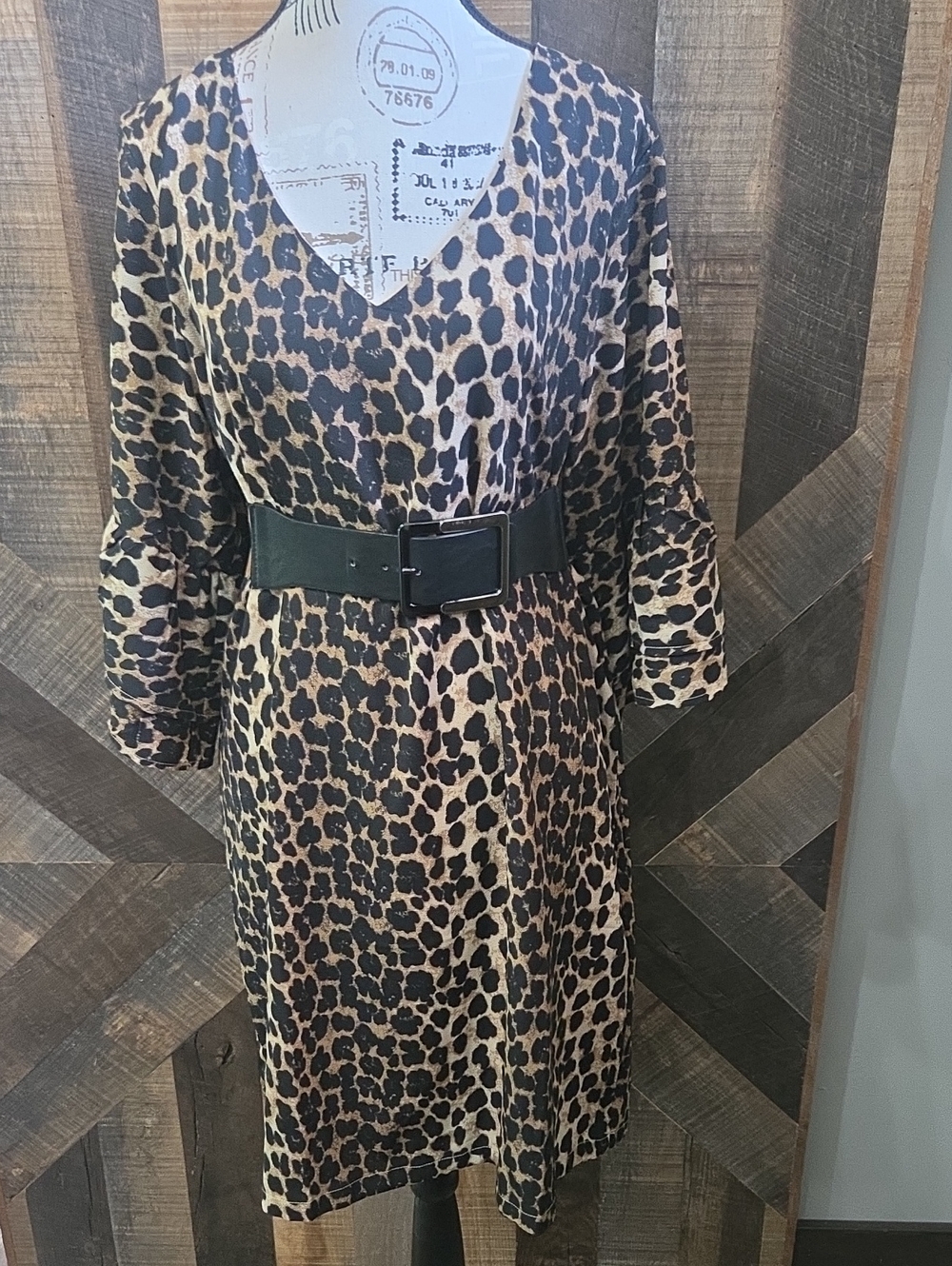 Leopard Print V-Neck Long Sleeve Dress with Black Belt